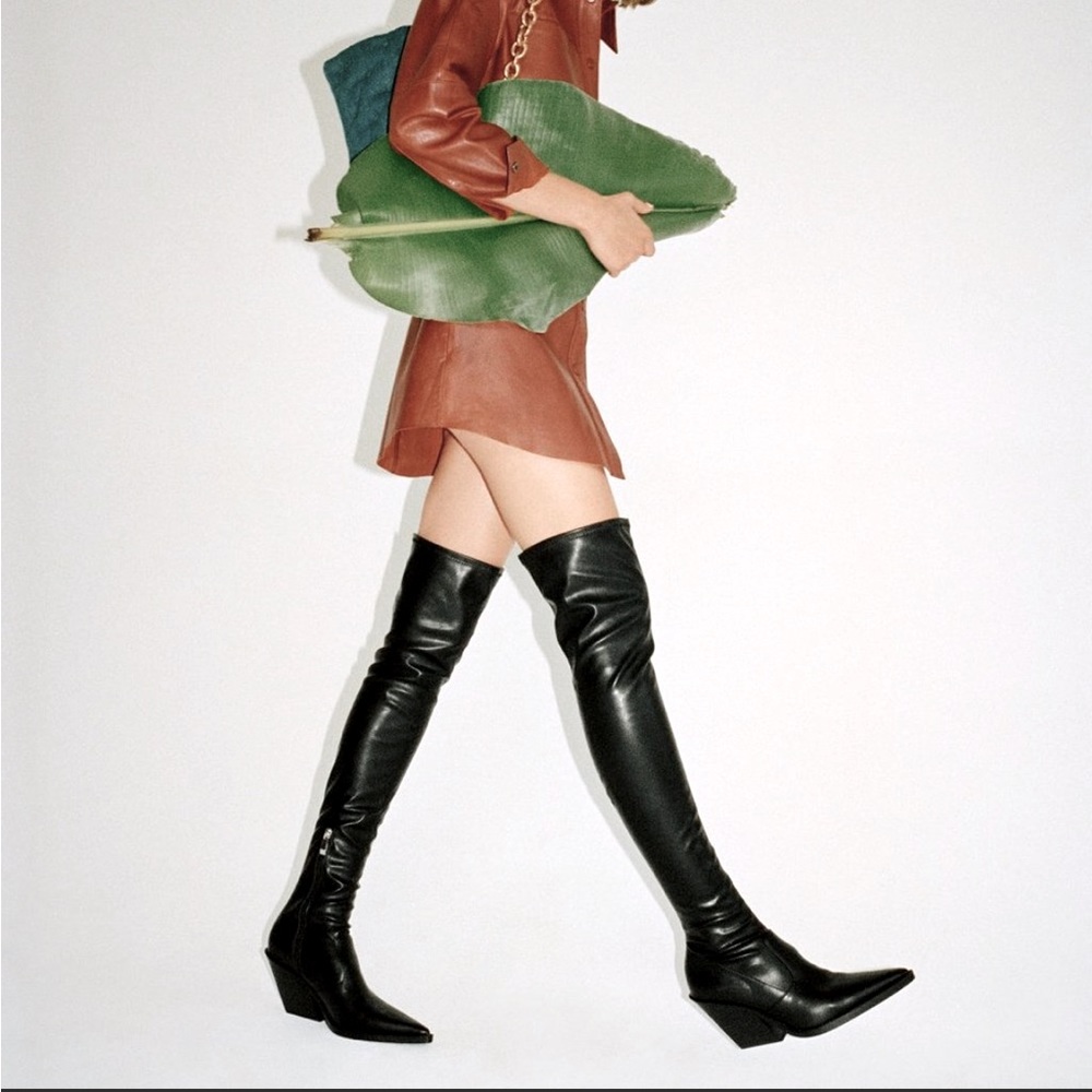 ZARA Thigh High Faux Leather Western Boots- Size 35 US 5.